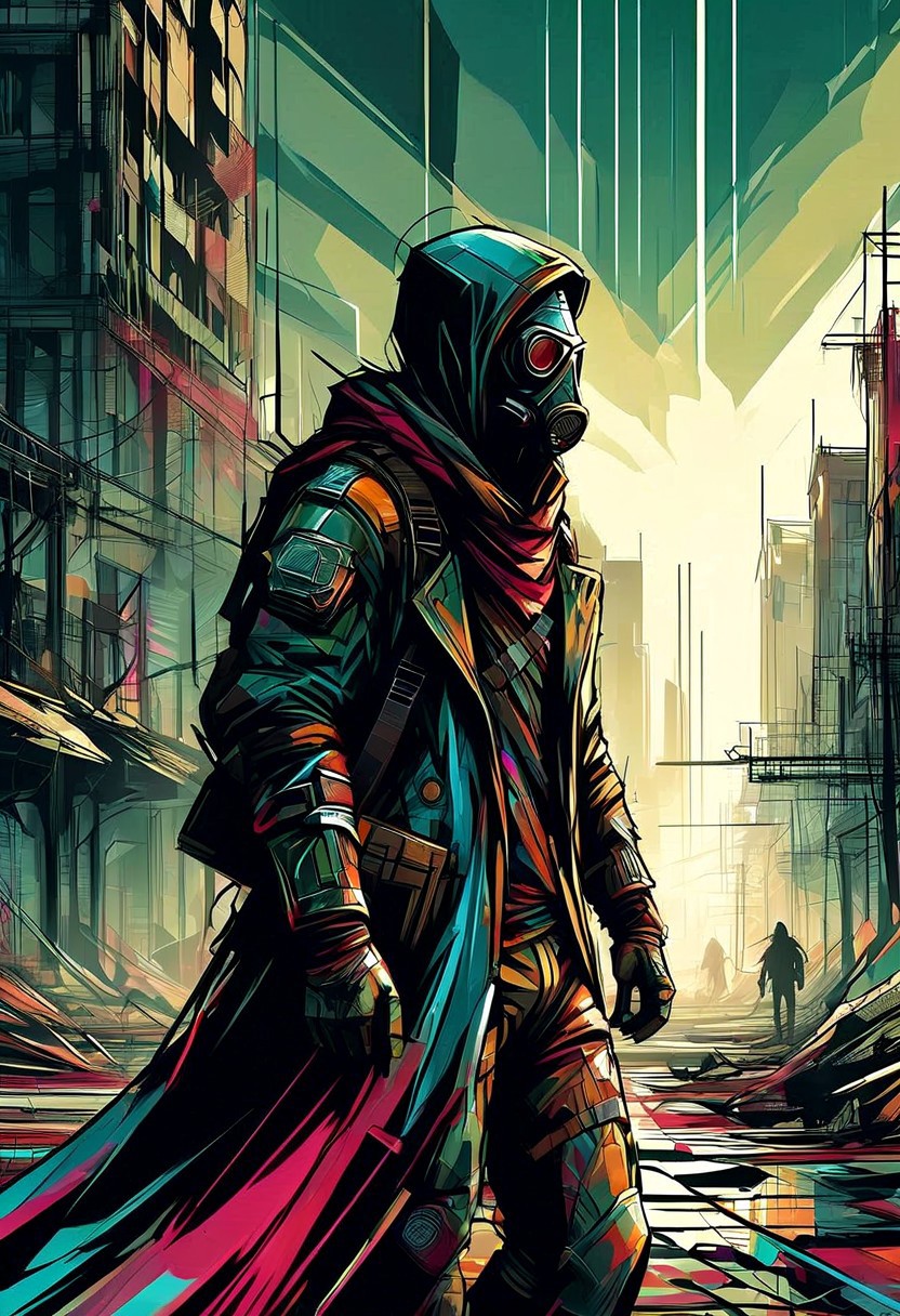 A rugged post-apocalyptic survivor in scavenged armor and a gas mask stands amidst the ruins of a devastated city. Abandoned vehicles, crumbling buildings, haze, extreme close-up, portrait, desolate atmosphere.