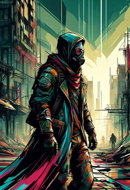 A rugged post-apocalyptic survivor in scavenged armor and a gas mask stands amidst the ruins of a devastated city. Abandoned vehicles, crumbling buildings, haze, extreme close-up, portrait, desolate atmosphere.