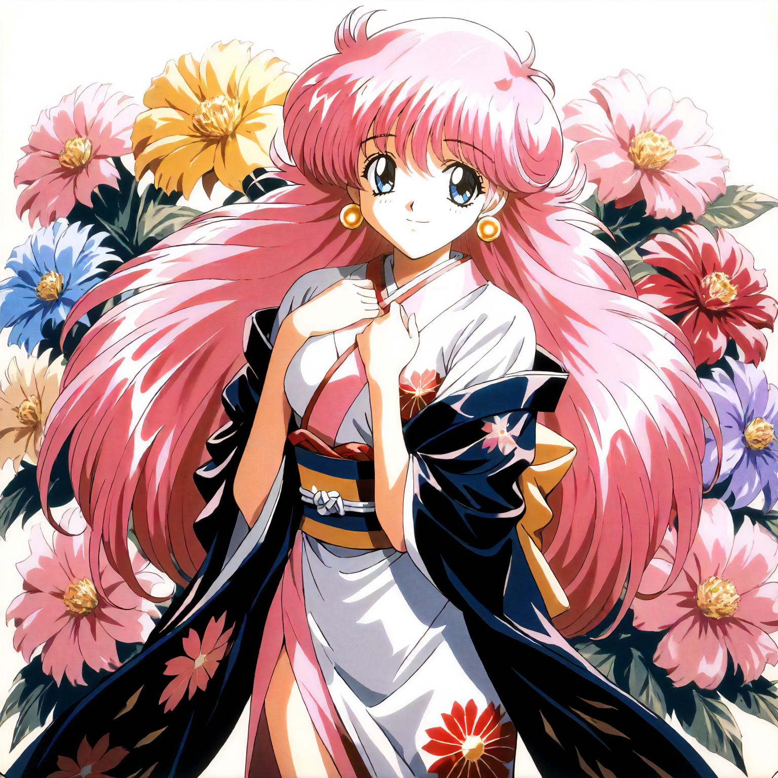 <lora:RC_sill_plainXLanimagine001>,
masterpiece,high score,great score,absurdres,
flower background,glitter,
smile,
looking at viewer,
solo,
anime coloring,retro artstyle,1990s (style),
sill_plain\(rance_series\),1girl,pink hair,long hair,blue eyes,earrings,
cowboy shot,standing,
print_kimono,