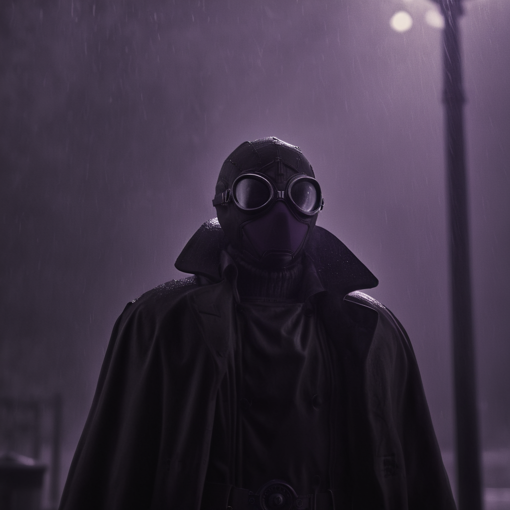 cinematic film still of  <lora:Spider-Man Noir:1>
Spider-Man Noir a man in a gas mask standing in the rain in Marvel Noir universe,solo,gloves,1boy,standing,monochrome,weapon,male focus,outdoors,glasses,belt,blurry,coat,mask,night,rain,arms at sides,purple theme,lamppost,trench coat , dark theme, cinematic noir, dramatic Light, big black goggles, shallow depth of field, vignette, highly detailed, high budget, bokeh, cinemascope, moody, epic, gorgeous, film grain, grainy