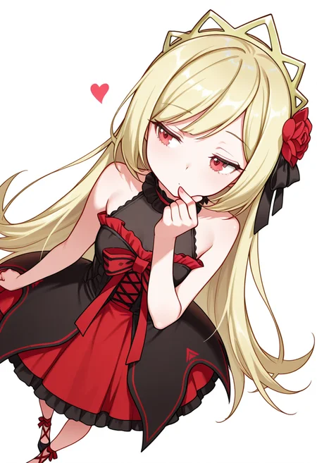 Smooth Quality,masterpiece,very intricate, high quality details, ultra realistic, high detailed skin,detailed enviorement,absurdres,
finger heart,
 <lora:Ecute_CNR:0.8> ecute_cnr, 1girl, blonde hair, very long hair, red eyes, bare shoulders, black dress, sleeveless dress,  gothic fashion,tiara, hair flower,black footwear,, simple background, white background, dutch angle,solo,, thinking,