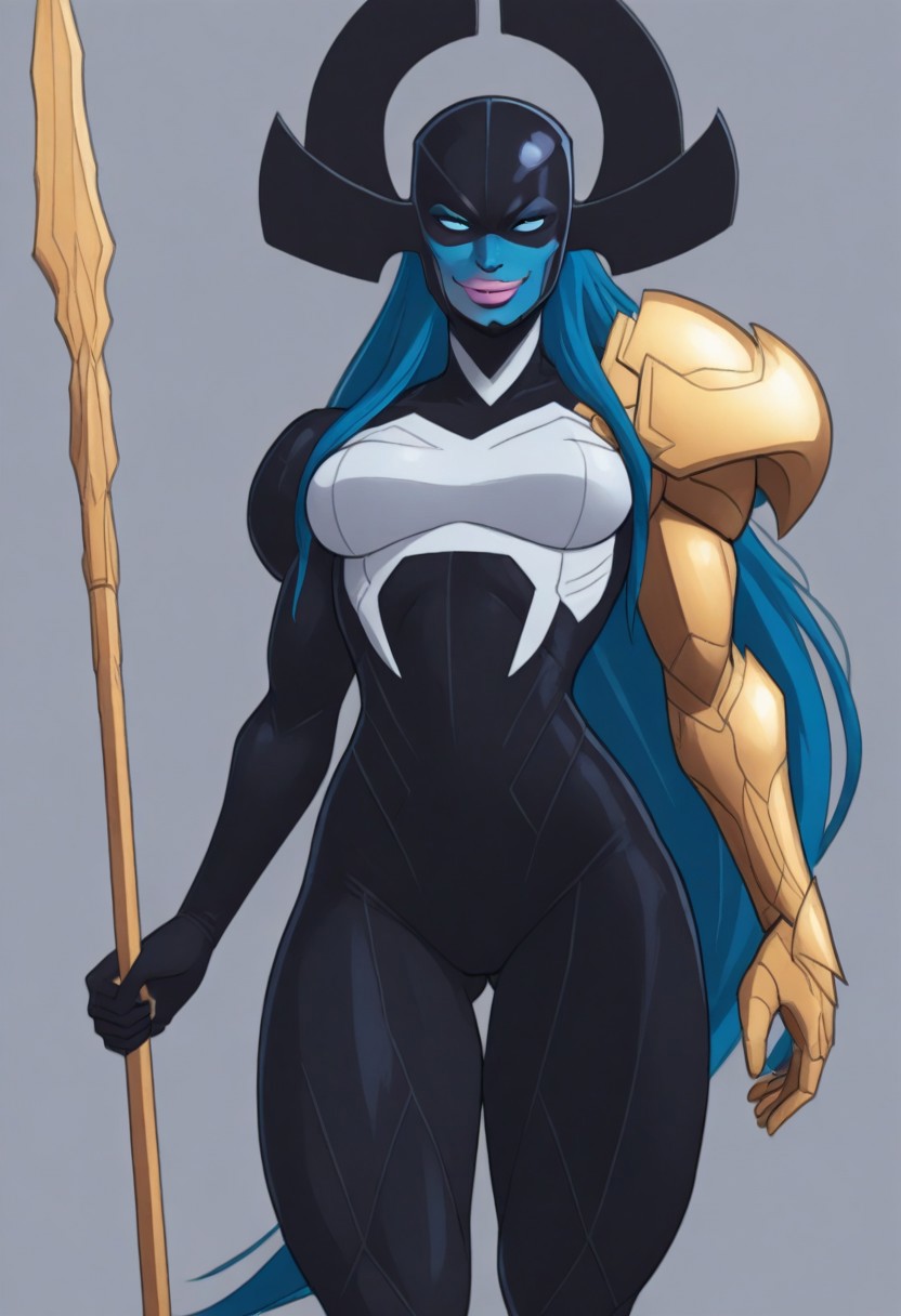 simple background, solid color background, 1girl, solo, medium breasts, toned female, wide hips, Marvel, ProximaMidnight, blue hair, long hair, extremely long hair, helmet, black headgear, covered hair, pink lips, Alien female, blue skin, blue-skinned female, colored skin, blue sclera, white pupils, glowing eyes, black bodysuit, white trim, Left arm, one armored arm, gold armor, shoulder armor,
upper body, looking at viewer, smirk, weapon, spear, gold spear, holding spear, smug expression, narrow waist, wide hips, medium breasts, round ass, thick thighs, tipeht