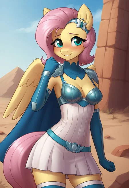 score_9, score_8_up, score_7_up, score_6_up, realistic illustration, dramatic angle, desert_background,
1girl, solo, Fluttershy (mlp), (anthro pony), 18 yo, tail, petite body, shiny skin, medium perky breasts,
<lora:zs_ArtemisXL:1> artemissmtv, short hair, hair ornament, dress, cleavage, elbow gloves, cape, thighhighs, kneeboots, 
dynamic pose, 
shy, blush, blushing, embarrassed, smile,
