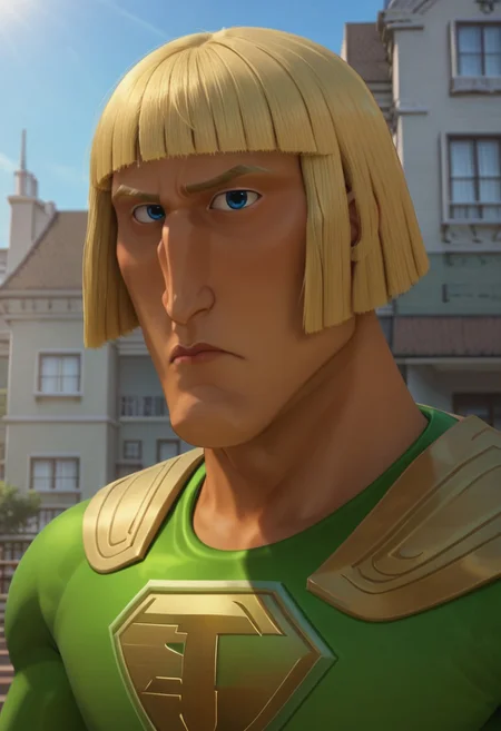 ((city background)),score_9, score_8_up, score_7_up,score_6_up, 
1boy, solo, mrjustice_HI, olive skin, blue eyes, golden hair, hairstyle bob cut, short hair, wide shoulders, broad chest, defined arms, lime green superhero suit, golden logo "J" on his chest, golden cape, golden belt, golden boots, big eyes, tall stature, perfect eyes, looking at the viewer, detailed eyes, perfect eyes, standing, (front pose, bust shot, close up to face, face portrait:1) heroic pose, fists on hips