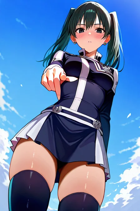 masterpiece, High quality, Ultra detailed, 2d, newest, absurdres, highres, BREAK
1girl, solo, <lora:lenalee_lee:0.8>, lenalee_lee_(d.gray-man), twintails, black hair, black eyes, earrings, 
medium breasts, leedef, long sleeves, black jacket, uniform, silver badge, belt, miniskirt, pleated skirt, black thighhighs, 
from below, blush, looking at viewer, pointing at viewer,