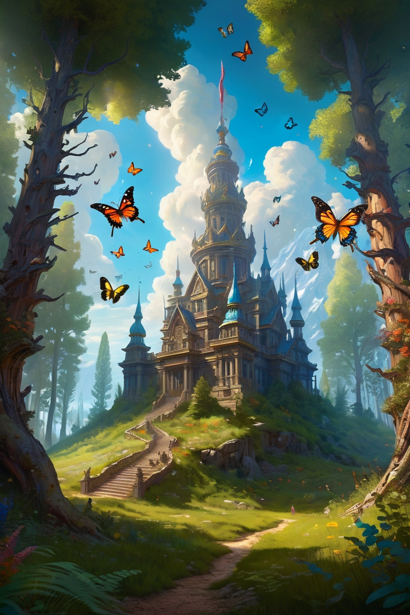 vibrant summer forest clearing with butterflies, petrified forest temples where crystal chandeliers grow like stalactites, the halls echoing with wind-through-skull-flute melodies, cinematic view, epic sky, detailed, concept art, low angle, high detail, warm lighting, volumetric, godrays, vivid, beautiful, trending on artstation, by jordan grimmer, huge scene, grass, art greg rutkowski,
 <lora:detailed_notrigger:0.7>, <lora:add-detail-xl:0.3>, oil painting art style from Renaissance period, masterful composition, Renaissance mood, renaissance oil painting, brush strokes, Baroque art style, dynamic composition, dramatic lighting, rich colors, intricate details, professional-grade execution, captures the grandeur and theatricality of the Baroque period
