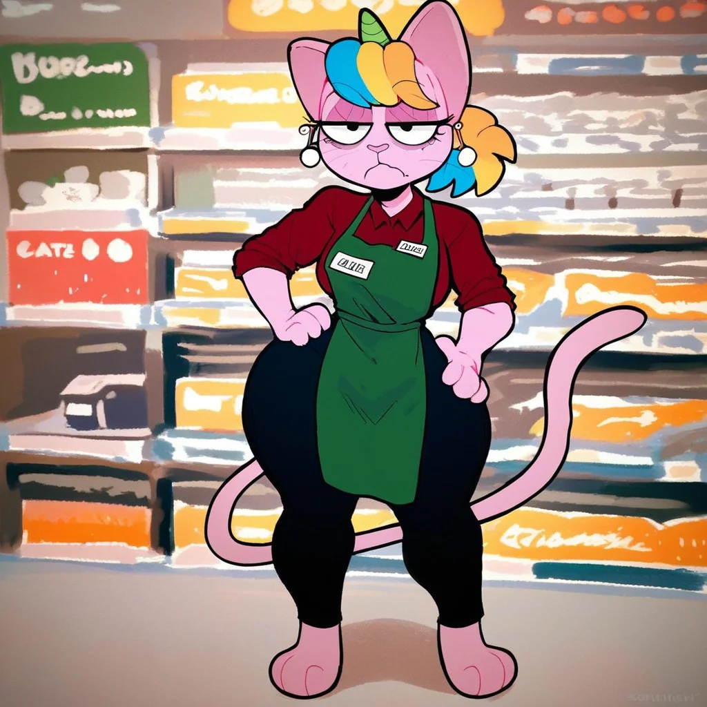 score_9, score_8_up, score_8, score_7, score_6_up, source_furry, Sunset(Existi), Solo, 1girl, anthro, female furry, catgirl, pink fur, multicolored hair, bangs, ponytail, green unicorn horn, cat tail, pink nose, big butt, earrings, full body, looking at viewer, standing, Red shirt, black pants, green apron, name tag, bored expression, eyes half closed, store setting, one hand on hip,