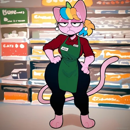 score_9, score_8_up, score_8, score_7, score_6_up, source_furry, Sunset(Existi), Solo, 1girl, anthro, female furry, catgirl, pink fur, multicolored hair, bangs, ponytail, green unicorn horn, cat tail, pink nose, big butt, earrings, full body, looking at viewer, standing, Red shirt, black pants, green apron, name tag, bored expression, eyes half closed, store setting, one hand on hip,