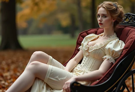 fashion photography,nsfw, (19th century:1.2), full body photography of a sophisticated young woman, (made of porcelain:1.2), porcelain skin, vintage doll, (deneuve|grace|monica), in a carriage, (revealing rich clothes:1.2), 1900's clothes, corset, (open legs:1.1), brown leaves, (autumn colors:1.1), huge boobs, subsurface scattering, (chiaroscuro:1.1), sharp focus <lora:deneuve-rv-1:0.2> <lora:grace:0.2> <lora:monica:0.2>