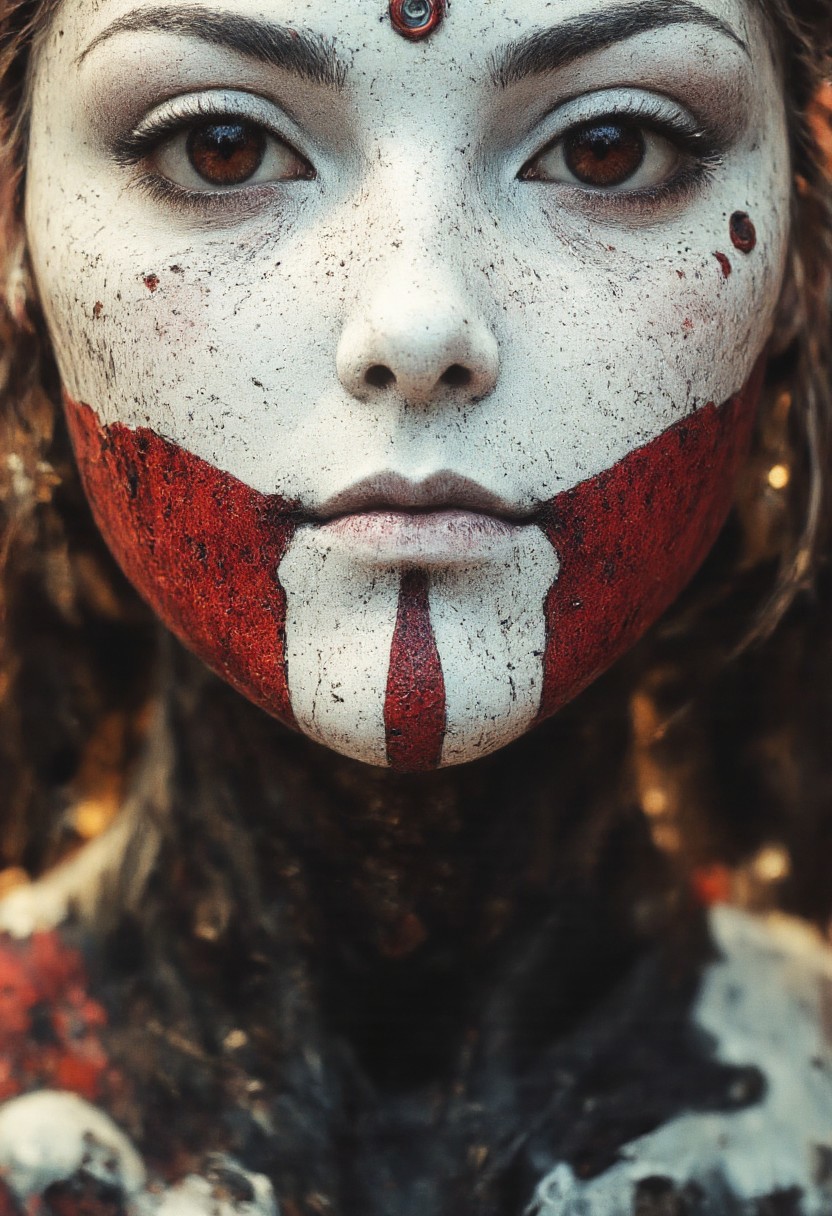 The image is a highly detailed, CGI-rendered digital artwork capturing an extreme close-up of a mystical smiling woman with maori inspired vibrant Red chin-tattoo Made of small dotts or Points, tiny circles AS chin tattoo, She wears an enigmatic mask made of white plaster, distinguished by two large, round, black dots serving as eyes. The mask’s surface is intricately detailed with cracks and fissures, through which the exquisitely rendered features of her face are subtly revealed. Her expression, partially hidden yet powerfully evocative, hints at ancient secrets and deep emotion. Bathed in soft, ethereal light, the scene exudes a surreal quality that heightens its mystical allure. Gentle, diffused illumination caresses the delicate contours of the plaster mask and the intricate details of her skin, emphasizing the interplay of light and shadow. The ambient glow enhances the texture of the fractured plaster, casting soft highlights along the edges of the cracks, while deep, tender shadows add a sense of depth and intrigue to her partially unveiled visage.
The overall atmosphere is one of profound mystery and quiet intensity—a visual narrative where concealment and revelation intertwine. Rendered in ultra-realistic 8K quality, every nuance from the mask’s subtle imperfections to the soulful glimpse of the woman beneath is brought to life, creating an artwork that is both hauntingly beautiful and enigmatically inviting.
