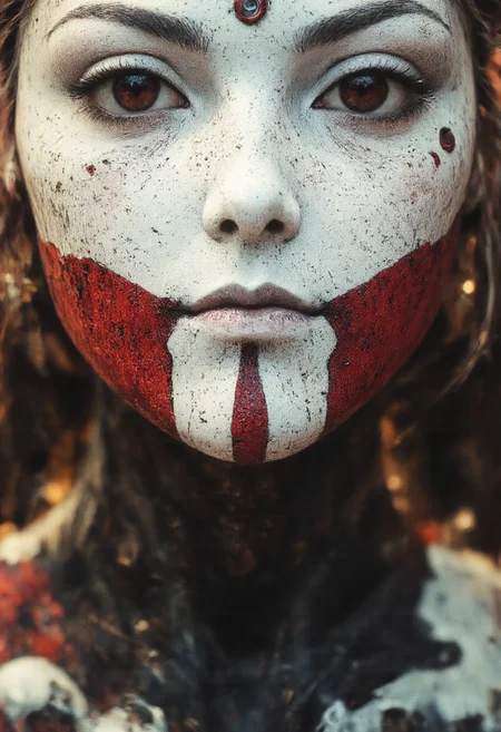 The image is a highly detailed, CGI-rendered digital artwork capturing an extreme close-up of a mystical smiling woman with maori inspired vibrant Red chin-tattoo Made of small dotts or Points, tiny circles AS chin tattoo, She wears an enigmatic mask made of white plaster, distinguished by two large, round, black dots serving as eyes. The mask’s surface is intricately detailed with cracks and fissures, through which the exquisitely rendered features of her face are subtly revealed. Her expression, partially hidden yet powerfully evocative, hints at ancient secrets and deep emotion. Bathed in soft, ethereal light, the scene exudes a surreal quality that heightens its mystical allure. Gentle, diffused illumination caresses the delicate contours of the plaster mask and the intricate details of her skin, emphasizing the interplay of light and shadow. The ambient glow enhances the texture of the fractured plaster, casting soft highlights along the edges of the cracks, while deep, tender shadows add a sense of depth and intrigue to her partially unveiled visage.
The overall atmosphere is one of profound mystery and quiet intensity—a visual narrative where concealment and revelation intertwine. Rendered in ultra-realistic 8K quality, every nuance from the mask’s subtle imperfections to the soulful glimpse of the woman beneath is brought to life, creating an artwork that is both hauntingly beautiful and enigmatically inviting.