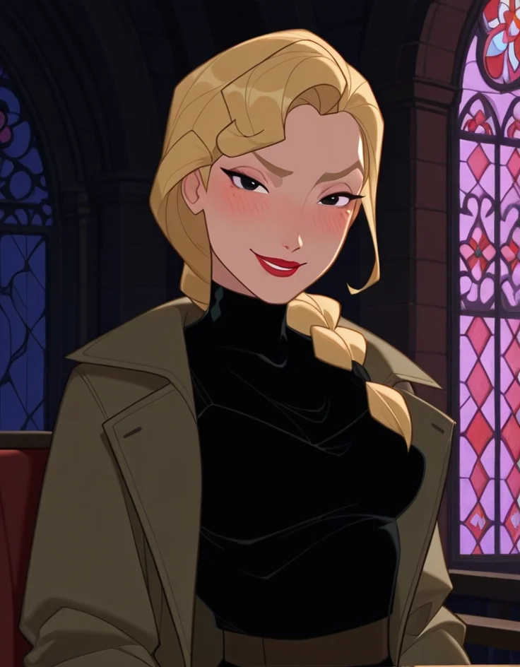 masterpiece, best quality, amazing quality, very aesthetic, absurdres, newest, detailed background, upper body, 4k, 8k, outdoors, beautiful eyes, hyperdetailed,
helgaxd, blonde hair, lips, 1girl, blonde hair, solo, mole under eye, black eyes, braid, lipstick, smile, red lips, hair over shoulder, makeup, single braid, long hair, coat, breasts, indoors, bodysuit, blush, black dress, looking at viewer, stained glass, sitting,
<lora:Helga_Sinclair_-_Disney_Illustrious:1>