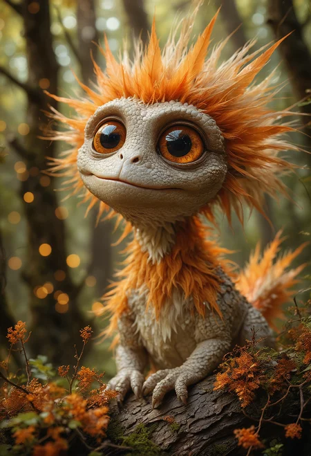 A whimsical creature with a gentle expression, hybrid of reptile and cute monster, lights up the frame, flaunting a fiery orange mane that crowns its soft cream-colored, spike-feathered body, it gazes upwards with large innocent glassy brown eyes, clutching a dark brown branch, against an enigmatic backdrop with soft highlights suggesting a dappled forest ambiance, <lora:MJ52:0.3>, <lora:SDXLFaeTastic2400:0.3>, <lora:detailed_notrigger:0.3>, <lora:add-detail-xl:1>