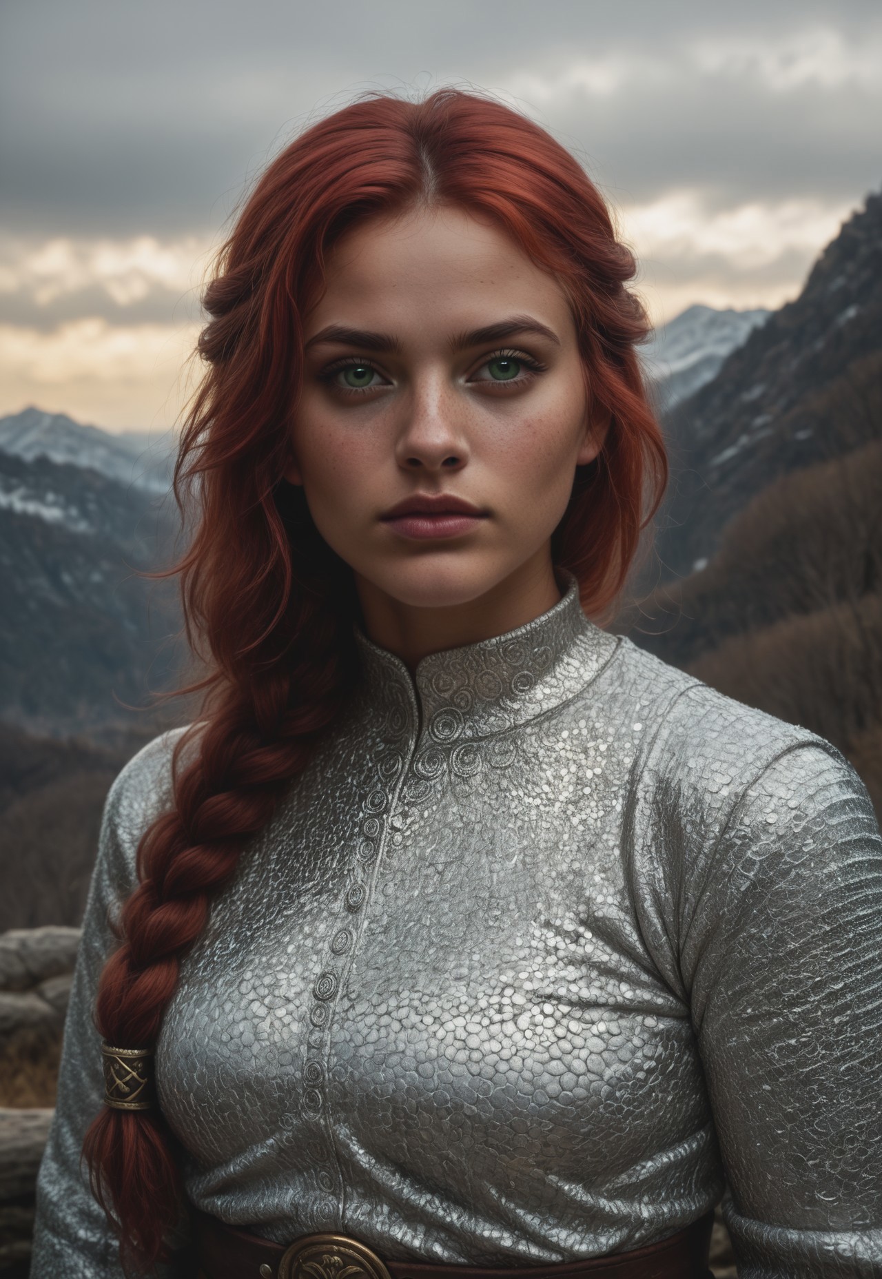 safe_pos, score_9, score_8_up, score_7_up, 1girl, solo, 
Viking warrior, intricate chainmail armor with leather accents and Norse runes, ancient battle axe with a polished wooden handle and a gleaming steel blade, long braided red hair adorned with bronze beads, realistic, cinematic angle, cinematic lighting, muscular body, fierce face, piercing green eyes, battle-ready pose 
BREAK 
standing on a rugged coastal cliff 
BREAK 
source_Viking_art, rating_explicit, expressive, dynamic pose 
BREAK 
detailed beautiful background, dramatic coastal landscape with towering cliffs and crashing waves, ancient Viking longships on the horizon, rugged terrain with rocky outcrops and wild grasses, distant mountains with snow-capped peaks, epic atmosphere with a sense of adventure and danger <lora:Expressive_H:0.6> Expressiveh, (SimplepositiveXLv1:1.3), 
(((upper body, full clothed:1.85))) ((masterpiece)) (ultra realistic, 32k, masterpiece:1.2), (high detailed skin:1.1), (high quality:1.1) (((full clothed))), (8k uhd:1,4) <lora:DandonFuga_Style_v.2_-_Pony:0.8> 
<lora:add-detail-xl:1> 
<lora:Dynamic Poses:1>
