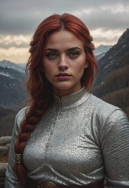 safe_pos, score_9, score_8_up, score_7_up, 1girl, solo,
Viking warrior, intricate chainmail armor with leather accents and Norse runes, ancient battle axe with a polished wooden handle and a gleaming steel blade, long braided red hair adorned with bronze beads, realistic, cinematic angle, cinematic lighting, muscular body, fierce face, piercing green eyes, battle-ready pose
BREAK
standing on a rugged coastal cliff
BREAK
source_Viking_art, rating_explicit, expressive, dynamic pose
BREAK
detailed beautiful background, dramatic coastal landscape with towering cliffs and crashing waves, ancient Viking longships on the horizon, rugged terrain with rocky outcrops and wild grasses, distant mountains with snow-capped peaks, epic atmosphere with a sense of adventure and danger <lora:Expressive_H:0.6> Expressiveh, (SimplepositiveXLv1:1.3),
(((upper body, full clothed:1.85))) ((masterpiece)) (ultra realistic, 32k, masterpiece:1.2), (high detailed skin:1.1), (high quality:1.1) (((full clothed))), (8k uhd:1,4) <lora:DandonFuga_Style_v.2_-_Pony:0.8>
<lora:add-detail-xl:1>
<lora:Dynamic Poses:1>