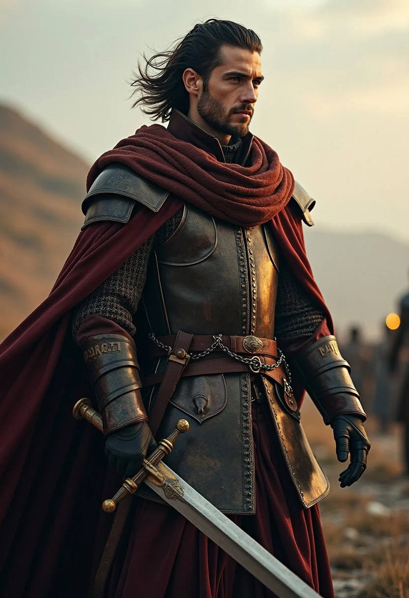 He was cloaked and booted as if for a journey on horseback; and although his garments were rich and handsome, they were stained with long travel. His dark hair was shorn about his shoulders, he was clad in a coat of mail, and girt with a great long-sword, and he looked at them as if to challenge them to strike. He seemed older and more kingly, yet more like a soldier than before.
His hood was cast back, and his dark hair was blowing in the wind, a light was in his eyes: a king returning from exile to his own land.