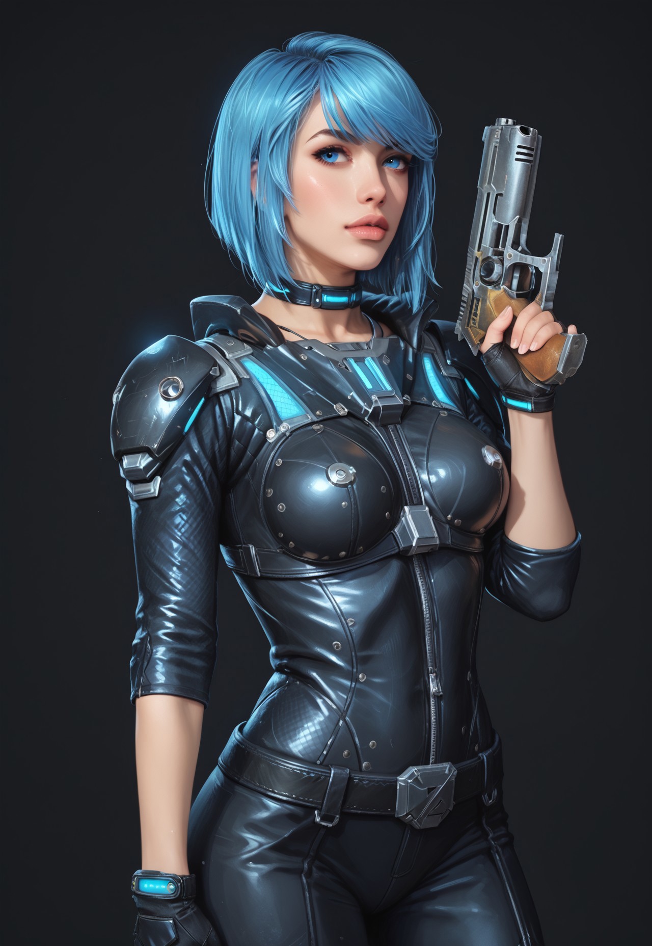 safe_pos, core_9, score_8_up, score_8, semi realistic, ultra detailed, 8k, high quality, hi res, high quality, detailed eyes, perfecteyes, detailed face, 1girl, sharp focus, cowboy-shot, focus on hip, (1girl:1.2), Nyx from Quake Champions, futuristic assassin outfit, (((pistol in hand))), pale skin, ((glowing bobcut blue hair, side bangs)), realistic, cinematic angle, cinematic lighting, athletic body, intense face, glowing blue eyes, stealthy pose
BREAK
infiltrating a high-tech corporate facility at night
BREAK
source_sci_fi_art, rating_explicit, expressive, half body, dynamic pose
BREAK
detailed beautiful background, futuristic architecture, neon lights, advanced security systems, holographic displays, dark shadows, tense atmosphere
(((full clothed)))