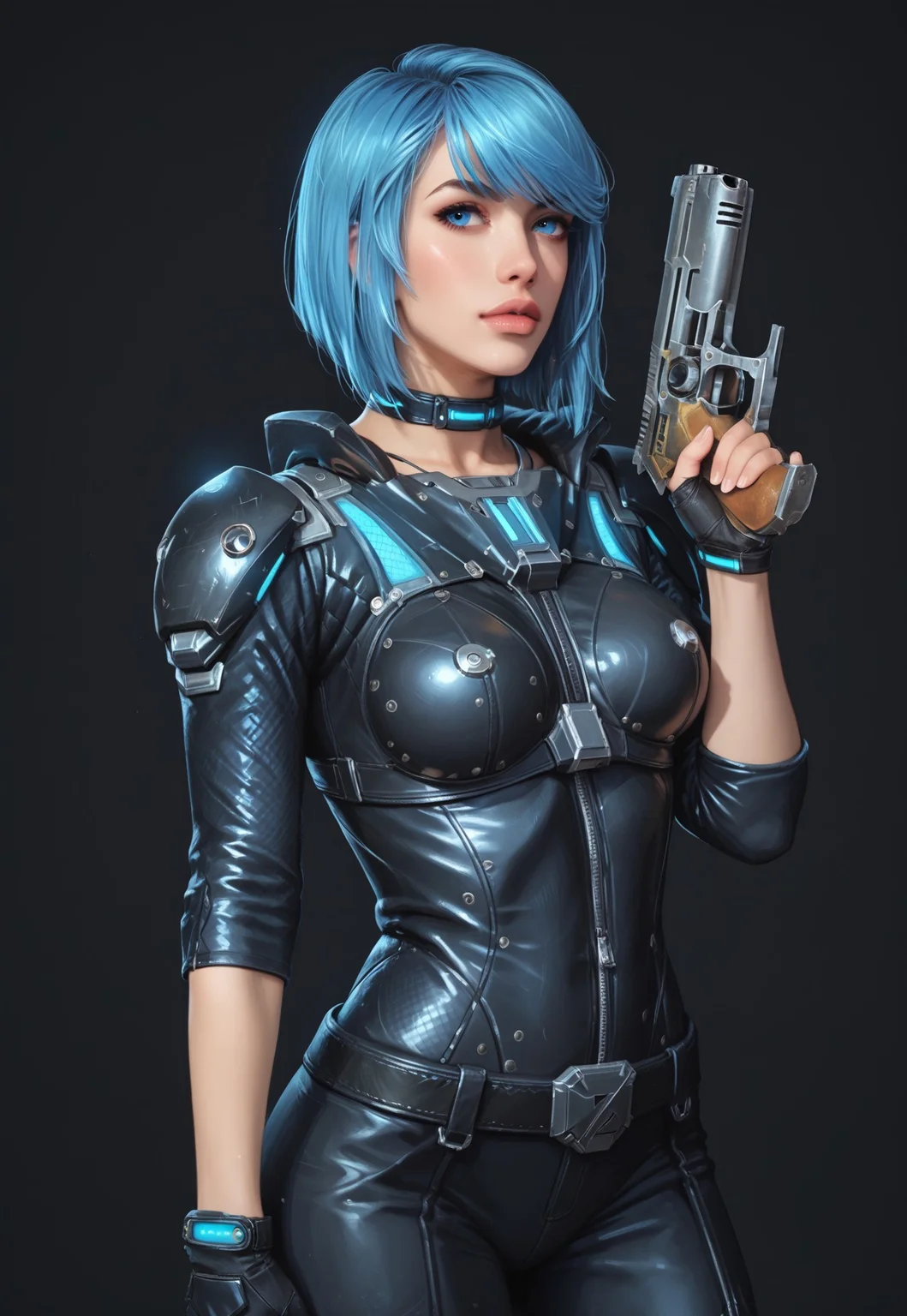 safe_pos, core_9, score_8_up, score_8, semi realistic, ultra detailed, 8k, high quality, hi res, high quality, detailed eyes, perfecteyes, detailed face, 1girl, sharp focus, cowboy-shot, focus on hip, (1girl:1.2), Nyx from Quake Champions, futuristic assassin outfit, (((pistol in hand))), pale skin, ((glowing bobcut blue hair, side bangs)), realistic, cinematic angle, cinematic lighting, athletic body, intense face, glowing blue eyes, stealthy pose
BREAK
infiltrating a high-tech corporate facility at night
BREAK
source_sci_fi_art, rating_explicit, expressive, half body, dynamic pose
BREAK
detailed beautiful background, futuristic architecture, neon lights, advanced security systems, holographic displays, dark shadows, tense atmosphere
(((full clothed)))