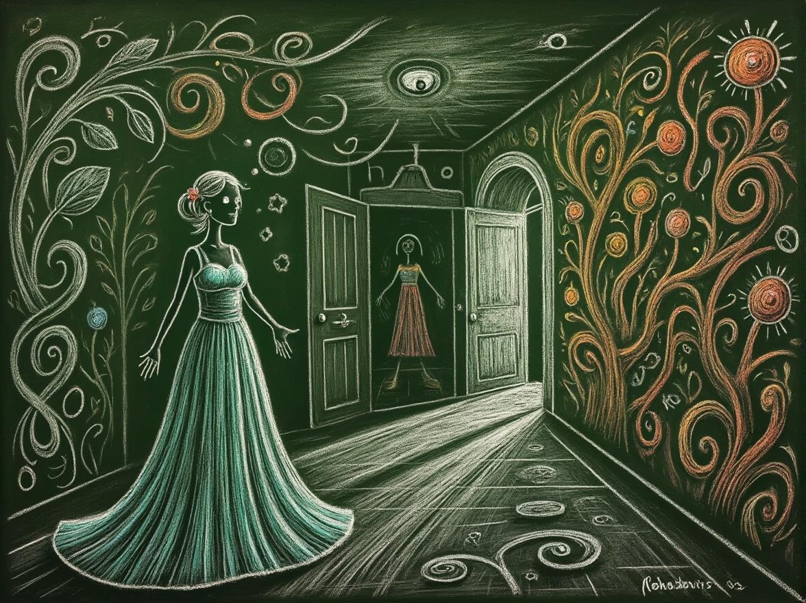 <lora:Chalkboard - s1 g4.safetensors:1> ch4lkb04rd A chalk drawing of
In the heart of a sprawling, ancient mansion, a dimly lit hallway stretches endlessly, its walls adorned with intricate, organic sculptures that seem to pulse with life. The hallway is bathed in the soft, ethereal glow of a hidden light source, casting long, undulating shadows that dance along the walls. At the far end, a doorway opens into a deeper, darker space, its edges fringed with swirling, surreal patterns that mimic the flow of leaves and petals.
Standing in this doorway is a figure, its presence both enigmatic and captivating. Dressed in a flowing, sculpted gown that shimmers with a smooth, reflective surface, the figure exudes an otherworldly elegance. The gown's colors shift from deep teals to vibrant oranges and yellows, each hue blending seamlessly into the next, as if the fabric itself is alive. The figure's eyes, glowing with an inner light, radiate a mesmerizing intensity, their luminescence drawing the viewer into the scene.
The walls of the hallway, though worn and aged, are transformed into a canvas of organic beauty. They are adorned with swirling, asymmetrical designs that suggest the movement of water or the growth of vines, each curve and line enhanced by the dynamic play of light and shadow. The dark backdrop, a neutral, timeless void, serves to heighten the visual impact, making the vibrant colors and intricate forms stand out in stark contrast.
The entire scene is a tapestry of movement and vitality, a blend of the natural and the fantastical, where every element seems to pulsate with an inner energy. The figure, with its outstretched, shadowy form, invites the viewer to step into a world where the boundaries between reality and imagination blur, and the mystical beauty of the unknown reigns supreme.
