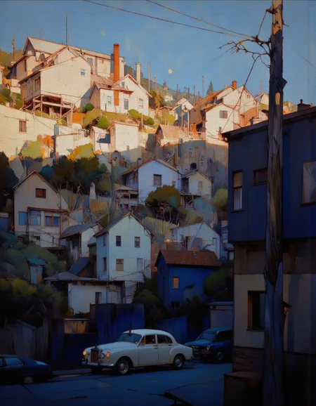 Steve McDonald Art. This image is a digital painting with a stylized, geometric approach, featuring an urban landscape bathed in a warm, golden light that contrasts starkly with the cool, dark blue tones of the sky and shadows. The scene depicts a hilly neighborhood with a cluster of houses and buildings, rendered in bold, angular shapes with minimal detailing. <lora:Steve_McDonald:1.25>
