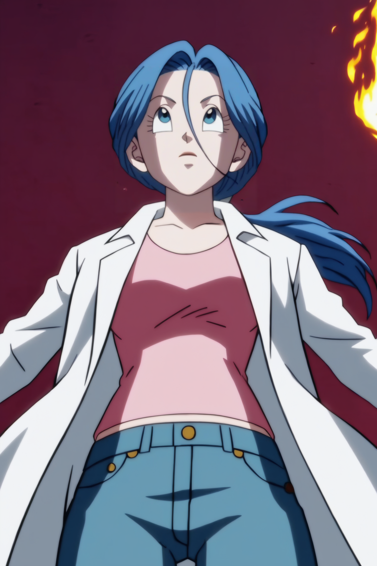 source_anime, score_9, score_8_up, score_7_up, anime screencap,8k, absurd res, 
bulma, future, blue hair, ponytail, low ponytail,  blue eyes, 
lab coat, pink shirt, jeans, 
ruined city, destroyed, fire, looking up, dark sky, red theme,  floating hair, 
 <lora:bulma_pony_v2:0.8>