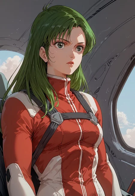 score_9, score_8_up, score_7_up, 1girl, solo, Miriya, green hair, green eyes, red and white bodysuit, upper body, waist up, pilot suit, cockpit, long hair