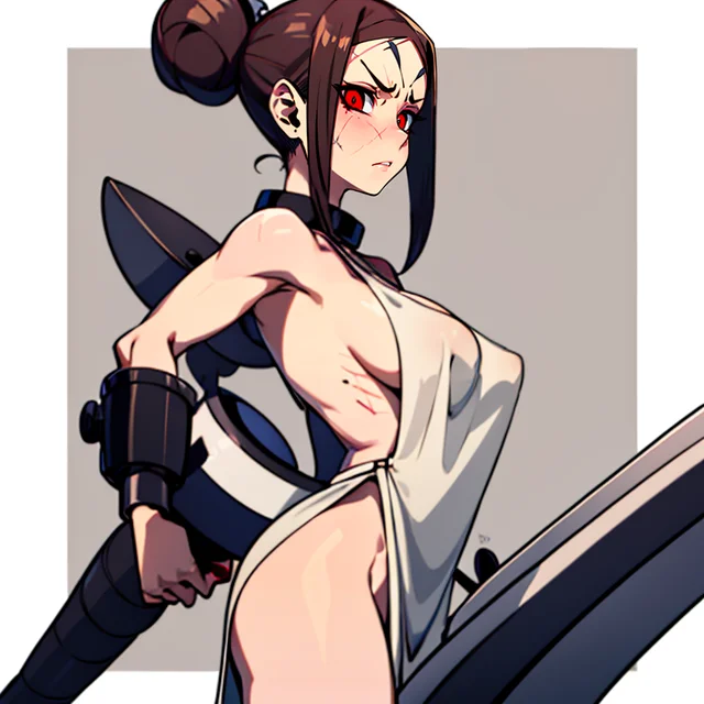 Painwheel, red eyes, brown hair, single hair bun ,(black sclera), small breasts, barefoot, black nail polish, veiny skin ,scar, face stitches, angry,
PWattire, white dress, side slit , no panties, mask, sideboob, collar, cuffs, bare shoulders, covered nipples, 
PWblade, huge weapon attached to back
(insanely detailed, beautiful detailed face, masterpiece, best quality) <lora:Painwheel-09:0.7>