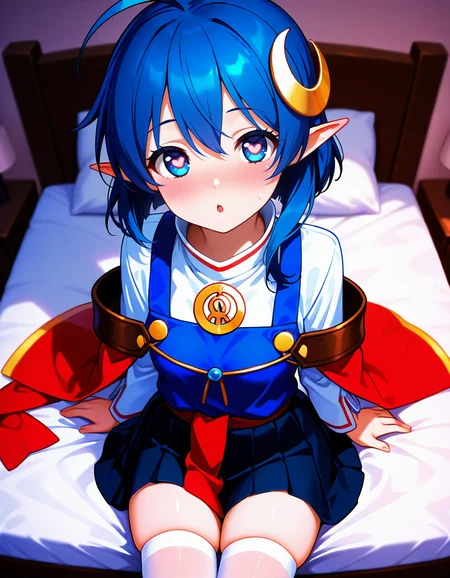 <lora:so2rena_SDXL_Illustrious_fp16_ver01:1>,so2rena, 1girl, skirt, blue hair,blue eyes, ahoge,crescent hair ornament, red cape,white thighhighs,cape,newest, <lora:HairintakesEraser_v01_illustrious_10steps:1.5>,sitting on bed,heart-shaped pupils,, masterpiece, best quality, very aesthetic, absurdres,<lora:detailed_hands:1>,hand
