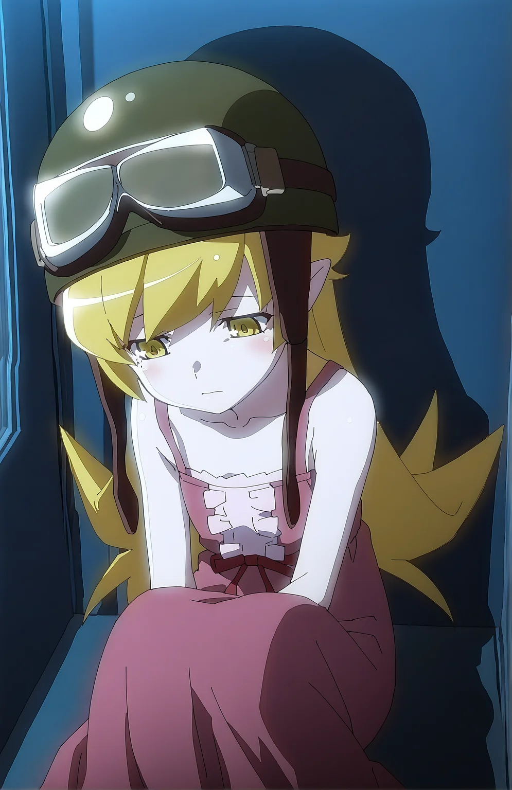 OshinoShinobu. 1girl, long hair, blonde hair, yellow eyes, short pointy ears, pink dress, helmet, goggles, goggles on head, sad, sitting in corner, night, empty room, shadows, above view