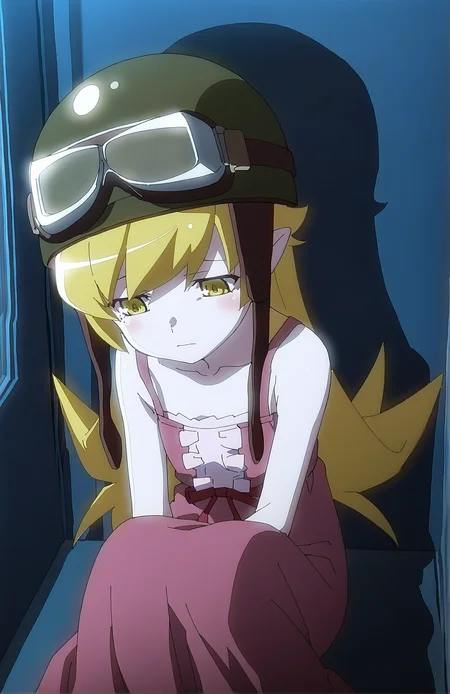 OshinoShinobu. 1girl, long hair, blonde hair, yellow eyes, short pointy ears, pink dress, helmet, goggles, goggles on head, sad, sitting in corner, night, empty room, shadows, above view