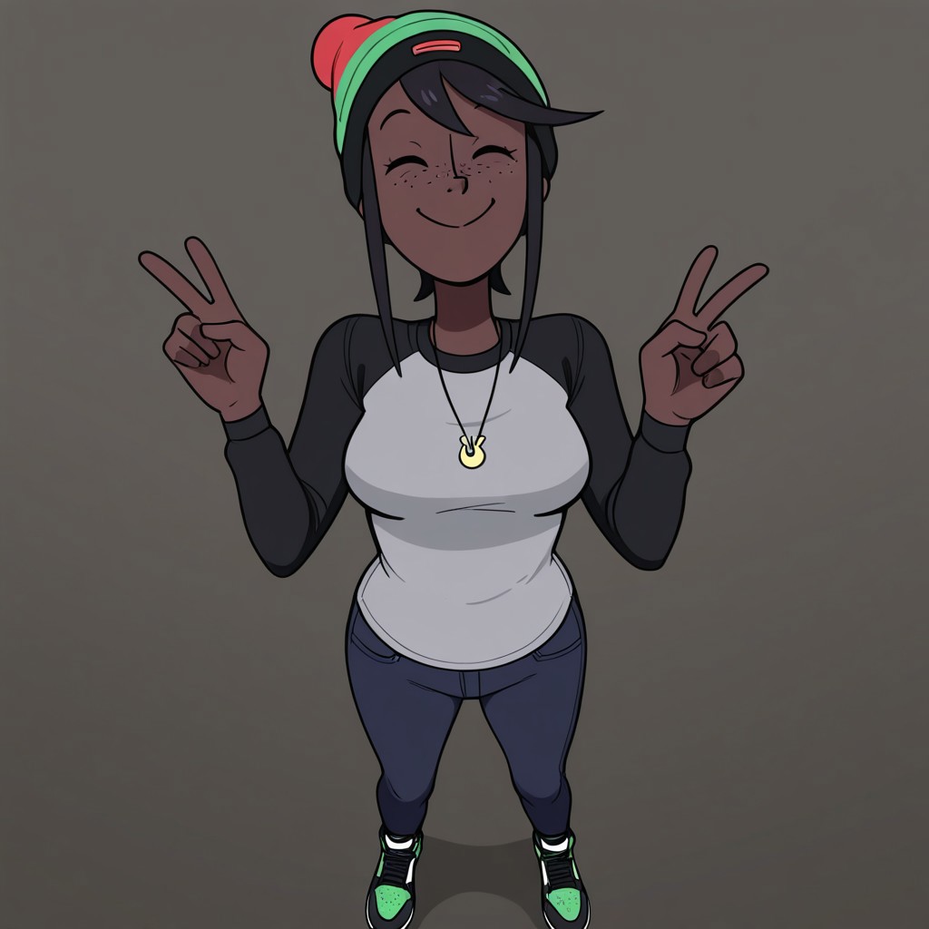 Skyla, 1girl, solo, Black hair, very dark Skin, Brown Skin, freckles, Black/Red/Green Pan-African Knit Beanie, Black Long-Sleeved Gray T-Shirt, Necklace, Dark Blue Skinny Jeans, Green/White/Black Air Jordan Sneakers
 Skyla smiling with her eyes closed while making the peace sign. Pov