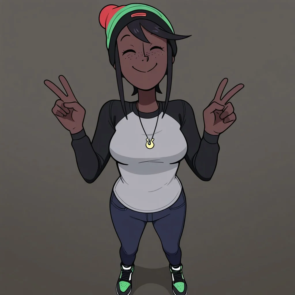 Skyla, 1girl, solo, Black hair, very dark Skin, Brown Skin, freckles, Black/Red/Green Pan-African Knit Beanie, Black Long-Sleeved Gray T-Shirt, Necklace, Dark Blue Skinny Jeans, Green/White/Black Air Jordan Sneakers
 Skyla smiling with her eyes closed while making the peace sign. Pov