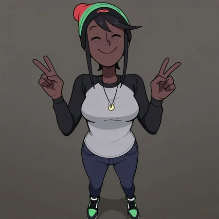 Skyla, 1girl, solo, Black hair, very dark Skin, Brown Skin, freckles, Black/Red/Green Pan-African Knit Beanie, Black Long-Sleeved Gray T-Shirt, Necklace, Dark Blue Skinny Jeans, Green/White/Black Air Jordan Sneakers
Skyla smiling with her eyes closed while making the peace sign. Pov