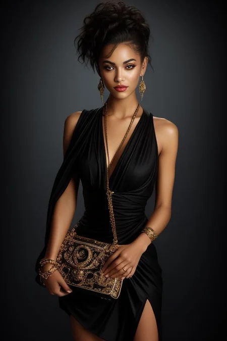 masterpiece,best quality,ultra_detailed, bellissima, 1girl , smile, versace style, haircut style wet, dress, sleeveless, high heels, shoulder bag, by Ellen von Unwerth, studio light, black theme