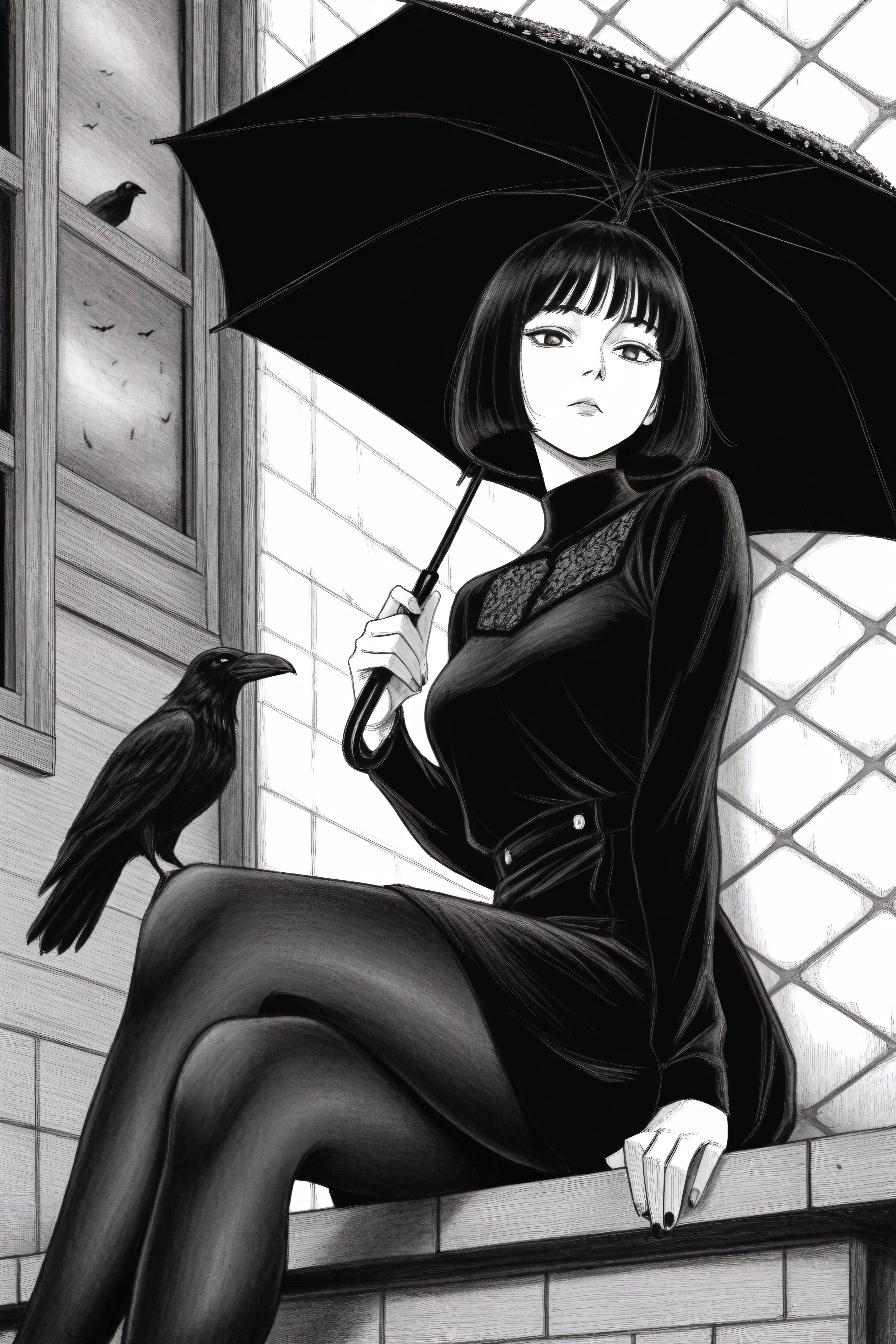 (masterpiece,best quality),<lora:tp1p1ptStyle-Illustrious-lora-Faxtron:0.8> tp_p_pt, monochrome, greyscale, highres, 1girl, bird, black_pantyhose, bob_cut, crow, holding, holding_umbrella, looking_at_animal, looking_at_viewer, medium_hair, pantyhose, sitting, solo, umbrella,