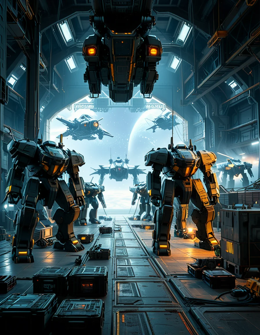 A massive, futuristic spaceship hangar filled with towering battle mechs undergoing maintenance. The hangar is dimly lit, with industrial lighting casting a cold, bluish glow over the metallic surfaces. The high ceiling is lined with steel support beams, catwalks, and suspended cranes used for repairing the massive war machines. The walls are adorned with warning signs, control panels, and illuminated holographic displays providing diagnostic data on the mechs. In the foreground, a colossal mech stands on a heavy-duty platform, its armored plating showing signs of battle damage, with exposed mechanical parts being worked on by robotic arms. The ground is marked with yellow hazard lines and scattered with tools, power cables, and spare parts. Steam rises from various vents, adding to the gritty, industrial feel. In the background, more mechs are stationed in docking bays, with their weapons and mechanical limbs being adjusted by automated repair systems. A large open bay door at the far end reveals the vastness of space, with distant stars and a massive planet visible beyond the hangar. The scene is detailed, immersive, and full of high-tech military sci-fi energy.
<lora:SDXLFaeTastic2400:0.4> <lora:extremely_detailed:0.4> extremely detailed,<lora:mechwarriors_spaceship_h4ng4r:1>,mechwarriors spaceship h4ng4r, Masterpiece,best quality,hi res,8k,hi res,8k,award winning,(sharp focus, intricate, highly detailed),