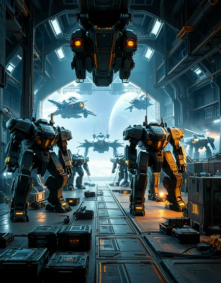 A massive, futuristic spaceship hangar filled with towering battle mechs undergoing maintenance. The hangar is dimly lit, with industrial lighting casting a cold, bluish glow over the metallic surfaces. The high ceiling is lined with steel support beams, catwalks, and suspended cranes used for repairing the massive war machines. The walls are adorned with warning signs, control panels, and illuminated holographic displays providing diagnostic data on the mechs. In the foreground, a colossal mech stands on a heavy-duty platform, its armored plating showing signs of battle damage, with exposed mechanical parts being worked on by robotic arms. The ground is marked with yellow hazard lines and scattered with tools, power cables, and spare parts. Steam rises from various vents, adding to the gritty, industrial feel. In the background, more mechs are stationed in docking bays, with their weapons and mechanical limbs being adjusted by automated repair systems. A large open bay door at the far end reveals the vastness of space, with distant stars and a massive planet visible beyond the hangar. The scene is detailed, immersive, and full of high-tech military sci-fi energy.
<lora:SDXLFaeTastic2400:0.4> <lora:extremely_detailed:0.4> extremely detailed,<lora:mechwarriors_spaceship_h4ng4r:1>,mechwarriors spaceship h4ng4r, Masterpiece,best quality,hi res,8k,hi res,8k,award winning,(sharp focus, intricate, highly detailed),