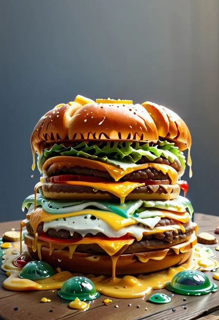 masterpiece, best quality, absurdres, Sl1m3d, slime-morph, still life, hamburger