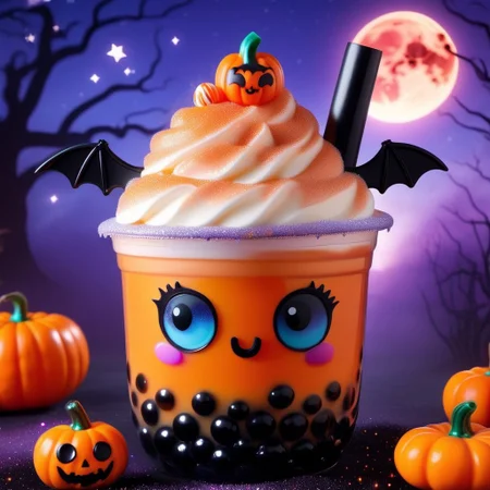 bubble tea,big kawaii anime eyes,blue eyes,long eyelashes, blush stickers, pumpkin,jack o lantern, halloween themed,black bats, :3, bubble tea, whipped cream on top, blurry, solo, moon, rainbow,orange and black glitter on top