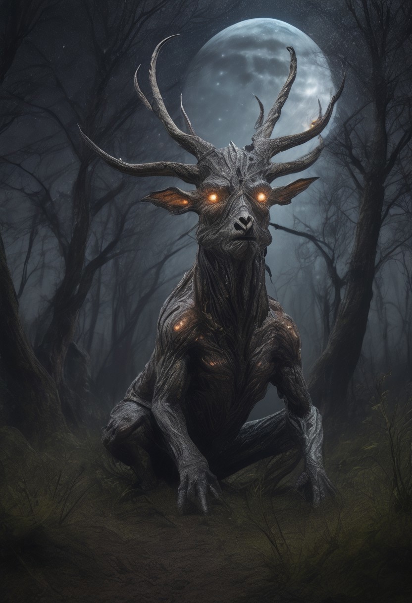 masterpiece,best quality,amazing quality,very aesthetic,absurdres,newest, huge filesize, absurd res, 
pascaH, no face, monster, grey skin, wrinkly body, horns, full body, side view, claws, forest, nighttime, stars, moon, trees, clouds, grass, fireflies, beautiful, glowing, scenery, Petrified Wood Morph,