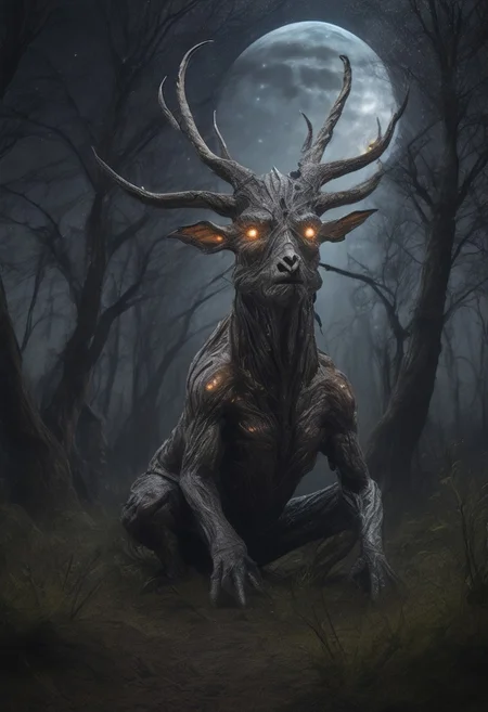 masterpiece,best quality,amazing quality,very aesthetic,absurdres,newest, huge filesize, absurd res,
pascaH, no face, monster, grey skin, wrinkly body, horns, full body, side view, claws, forest, nighttime, stars, moon, trees, clouds, grass, fireflies, beautiful, glowing, scenery, Petrified Wood Morph,