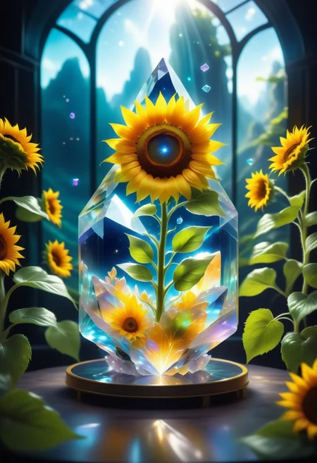 (((videogame_style))), lineart:1.2, (sharp focus:1.2), lineart, flat color, monochrome, greyscale, ((1 sunflower)), (moody lightning:1.2), soft grey light, depth of field, bokeh, 8k, OLED, beautiful yellow sunflower Illuminated by the ethereal glow of studio lightning, the light is reflecting shadows on multicoloured auraquartz made of jed-auraquartz, the light reflection sparcles around it, the harmonic play of light and shadow underlines the natural beauty of the yellow sunflower,, (the petals are velvety and silky curved:1.2), (high contrast to catch the play of light and shadows),, one yellow sunflower:(For the viewer, the flower appears alive, as if a glimpse of her inner sparkle is possible),,simple light grey background, by night, peacful and grateful atmosphere, painted hearts, magical atmosphere, (flying auraquartz inside a transparent crystal cube) on a dessert table in front of a bright window, the moonlight casts a beam of light onto the flower and seems to melt your ice cube in which the flower is located, water mist emanates from the cube, award winning art, deserted space, landscape, detail colour is yellow, magical atmosphere, fairytale like