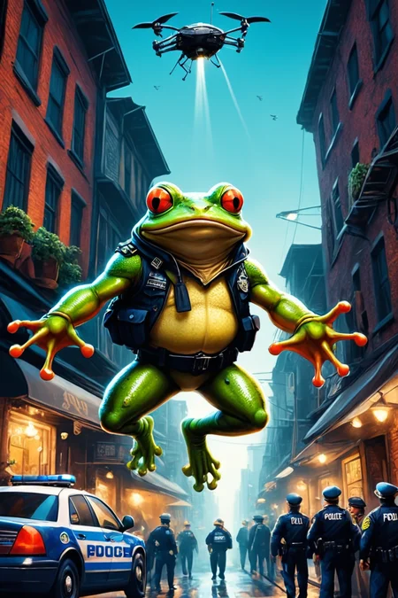 Detailed digital illustration of an anthro Frog (Reaching for the sky, ambitious reach) at a Hovering police drones patrolling dark alleys, <lora:xl_more_art-full_v1:0.5>,  <lora:anthro_muscular:0.7> , <lora:madpunk:0.4> madpunk