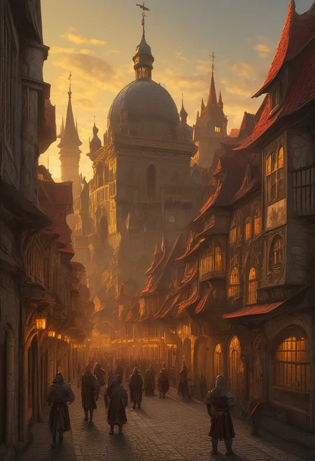 A medieval fantasy scene, set in a European castle or town. The scene is bathed in golden, late afternoon light, casting long shadows and creating a warm, ethereal atmosphere. The central focus is a grand, domed cathedral with ornate Gothic architecture, featuring multiple spires and arched windows. The cathedral's dome is adorned with intricate carvings and a red flag waves from its highest point. In the foreground, a cobblestone street is flanked by wooden buildings with thatched roofs, illuminated by soft, warm lights from lanterns hanging overhead. The street is adorned with a red carpet running down the center, adding a touch of grandeur. Several armored knights, dressed in heavy chainmail and helmets, walk down the street, some on horseback, creating a sense of nobility and authority. The knights' armor is detailed with intricate designs, emphasizing their status. The background showcases more buildings and a bustling market scene, with people milling about and engaging in various activities. The overall texture of the image is highly realistic, capturing the rich textures of stone, wood, and metal, with a meticulous attention to detail that brings the scene to life. All bathed in the golden light of a setting sun. The scene is rich in detail. HavvoricFireDarkstyle