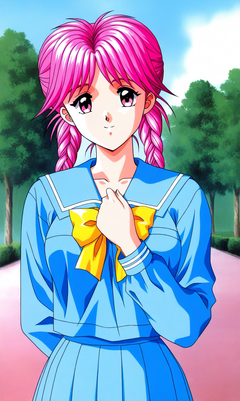 general,highres, ultra-detailed,very aesthetic,best quality ,best hands, BREAK  <lora:Koshiki_Yukari_Tokimeki_Memorial_IS:1>
Koshiki_Yukari(Tokimeki_Memorial), 1girl, solo, pink hair, twin braids, long hair, pink eyes, bangs, breasts,
school uniform, blue serafuku, blue skirt, Yellow bow, hand on own chest,
sailor collar, blue sailor collar, smile, long sleeves, pleated skirt, 
outdoor, tree, sky,