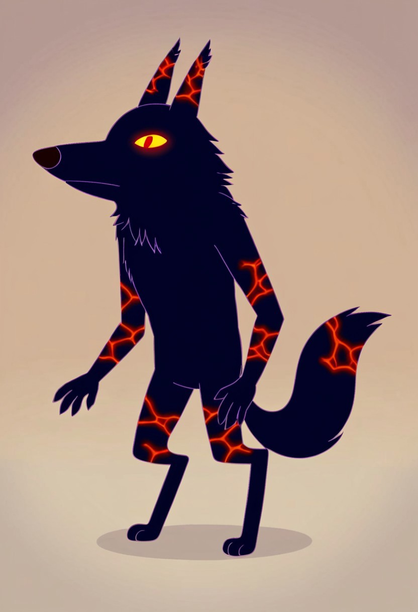 score_9, score_8_up, score_7_up, score_6_up, score_5_up, score_4_up, high quality, hires, 2d (artwork), 2d, cartoon style, ((((solo)))), (Fire Wolf \(Adventure Time\), wolf, ((orange red cracks on wolf body)), volcanic rock like body with cracks, anthro, ((((Very dark violet lines))), red pupils, standing upright, ((bipedal)), wolf tail,((( Very dark violet lower lip, )))), Very dark blue black fur, (((anthro))), anthrofied, (((7 teeth))), Very dark blue black body, elemental creature, fire creature, ((nude)), yellow eyes, Glowing eyes, tail, detailed fingers, hands down, ((3 toes)) ), background