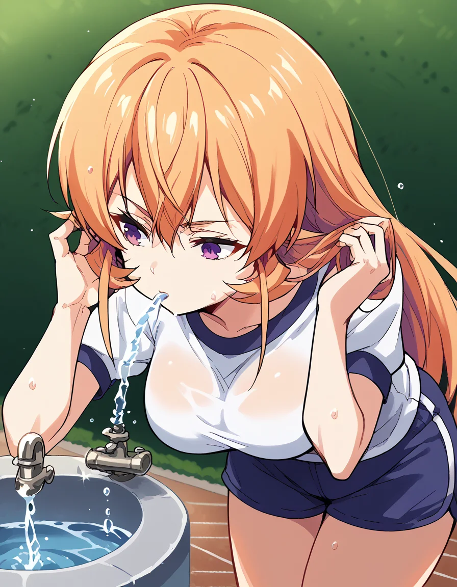 score_9, score_8_up, score_7_up, source_anime, <lora:erina-nakiri-s1-ponyxl-lora-nochekaiser:1>, erina nakiri, long hair, orange hair, purple eyes, hair between eyes, large breasts, <lora:drinking-fountain-ponyxl-lora-nochekaiser:1>, drinking fountain, faucet, drinking, fountain, water, water drop,, gym uniform, gym shirt, gym shorts, bent, leaning forward, <lora:tucking-hair-ponyxl-lora-nochekaiser:1>, tucking hair, adjusting hair, hand on own hair, hair behind ear,, cowboy shot,