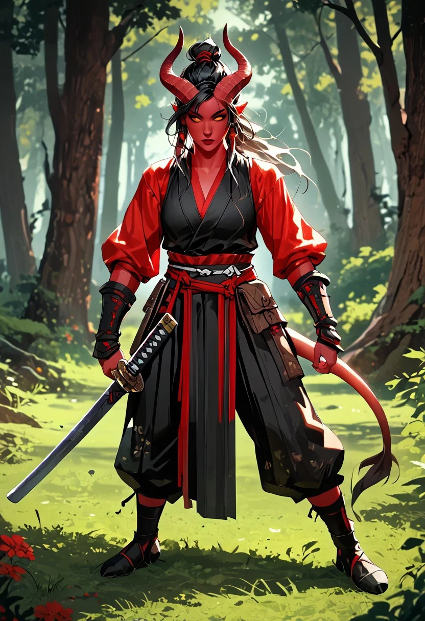 score_9, score_8_up, score_7_up, rating_suggestive, tiefling, one female, single person, red skin, black hair, straight horns: 10, fighting robes, easynegative, negative_hand, MythAn1m3, Tiefling, pointed ears, horns, colored sclera, bull horns,
musuclar woman: 10, amazona: 10, full body, black Hollow eyes: 10, 1girl, Forest
Samurái, Katana,  rmor