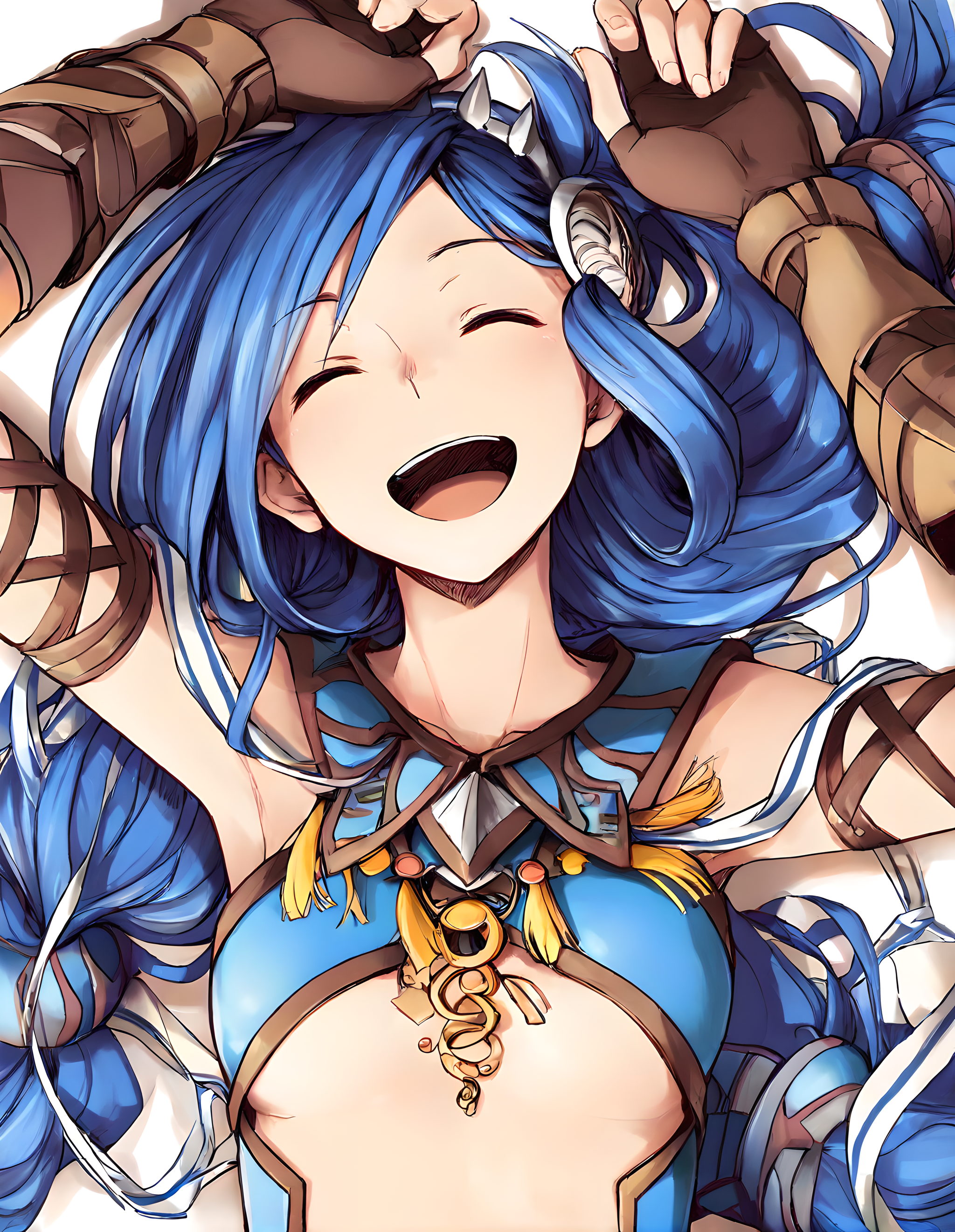<lora:illustrious_XL_dana:0.9>,dana,masterpiece,best quality,good quality,1girl,solo,i'm glad,laughing,closed eyes,on back,fingerless gloves,upper_body,white_background,front view,bokeh,from_above,looking_at_viewer,