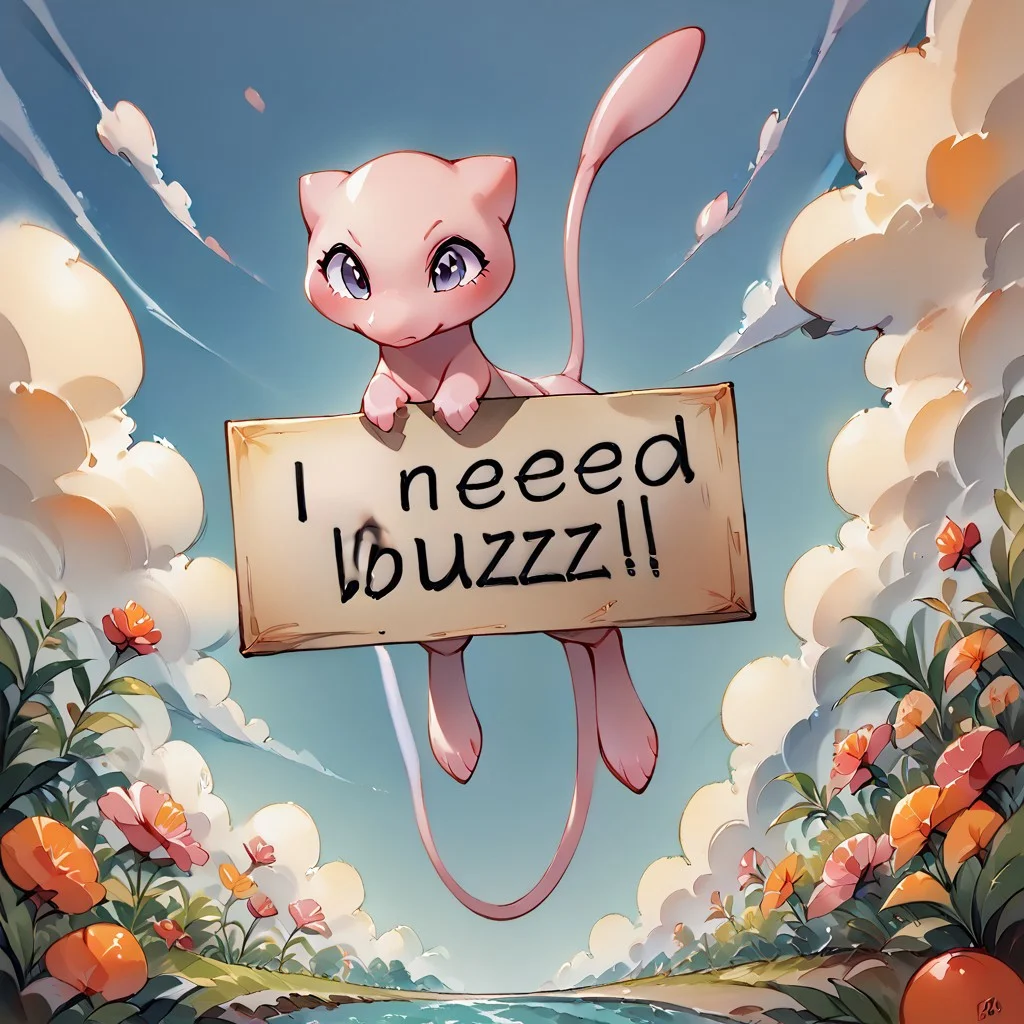 score_9, score_8_up, score_7_up, score_6_up, BREAK, logo, text, (sign that says "Buzz Please?":3) , the word, (Mew holding a sign that says Buzz Please?:2), bubbles, Masterwork, High quality, 2D, watercolor \(medium\), traditional media, Mew, in the sky, Floating, flying, zero gravity, playful, Buzz Please sign, need_buzz, holding sign